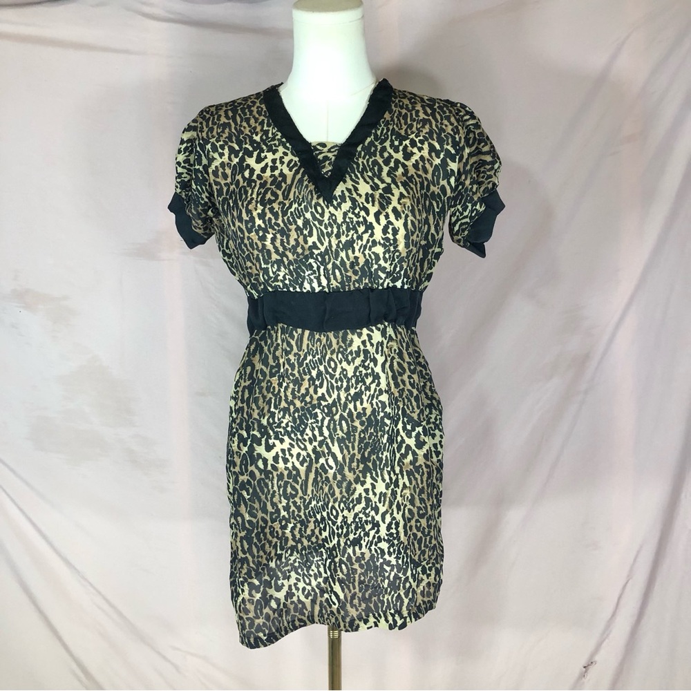 Leopard Print Short Sleeve Mini Dress or Shirt with Black Trim Sheer Size Small